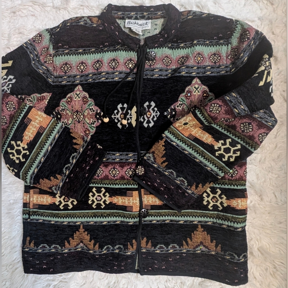 Vintage Flashback XL Tapestry Aztec Southwestern Jacket Black Cotton Boho